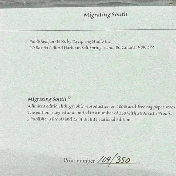 Migrating South Lithographic Reproduction Limited Edition Signed # 109 - Picture 8 of 12